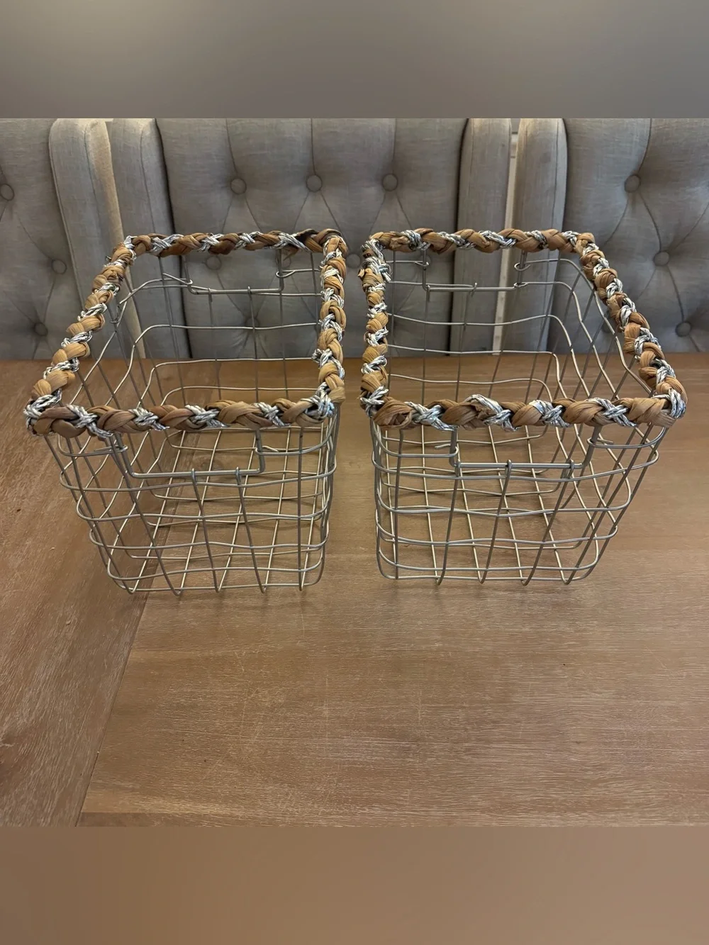 Set of 2 Metal Wire Storage Baskets Woven Natural & Silver Handles